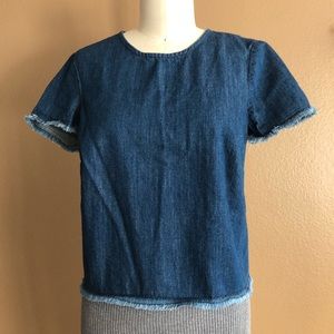 💙 Denim Back Zipper Short Sleeve Frayed Edge Top